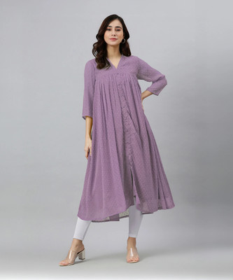 Janasya Women Woven Design Frontslit Kurta(Purple)