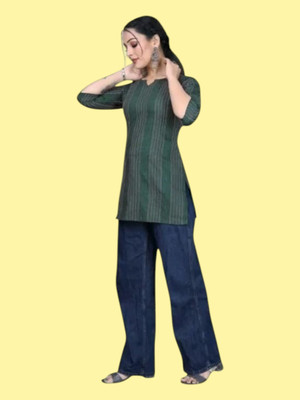 THEICON Women Striped A-line Kurta(Green)
