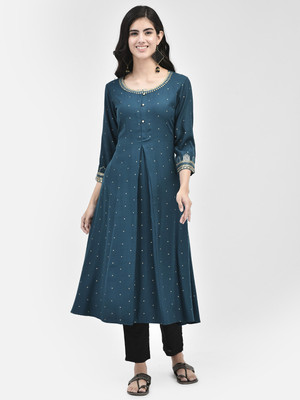 Span Women Self Design A-line Kurta(Blue)