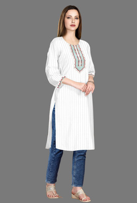 AFKINZA Women Floral Print A-line Kurta(White)