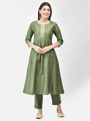 Span Women Self Design A-line Kurta(Green)