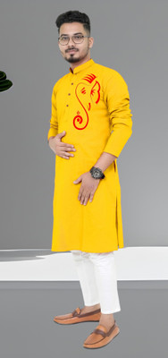 M Biswas Men Printed Straight Kurta(Yellow)