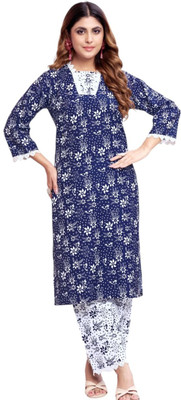 MEESHIAA FASHION Women Floral Print Straight Kurta(Blue)