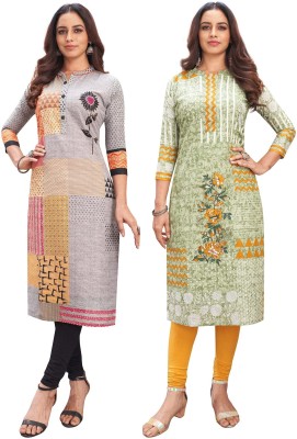 Jevi Prints Women Printed Straight Kurta(Green, Grey)