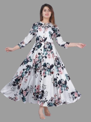 PSFabrics Women Floral Print Flared Kurta(White)