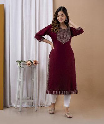 his&her Women Embroidered Straight Kurta(Maroon)