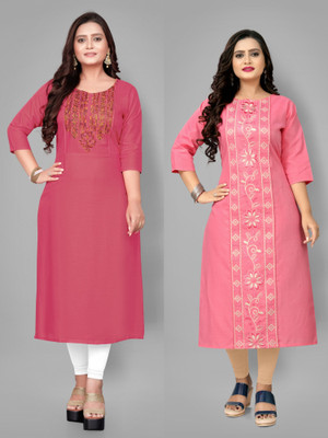 Fabriza Women Embroidered A-line Kurta(Pink)