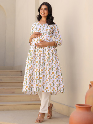 Janasya Women Floral Print A-line Kurta(White)