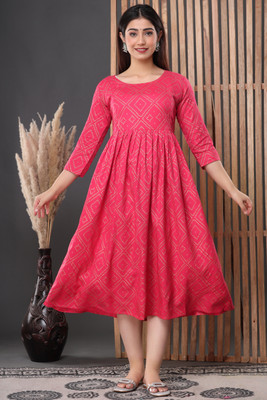 Aivira Women Printed Flared Kurta(Pink, Gold)