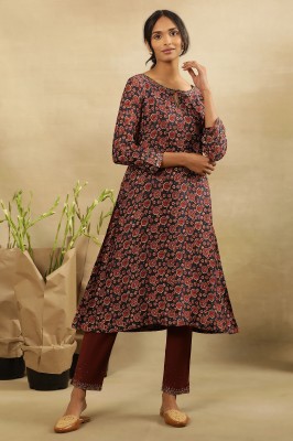 W Women Printed Straight Kurta(Dark Blue)