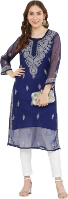 FAWOMENT Women Chikan Embroidery Straight Kurta(Dark Blue)