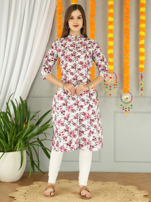 Boldwink Women Floral Print, Printed A-line Kurta(White)