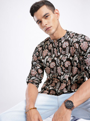 Anouk Rustic Men Floral Print Straight Kurta(Black)