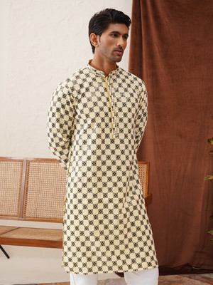 Jompers Men Printed Straight Kurta(Yellow)