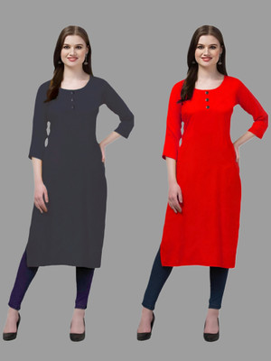 Coft Women Solid Straight Kurta(Grey, Red)