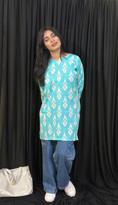 Ethion BY JT Women Floral Print Straight Kurta(Light Blue)