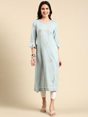 SHOWOFFFF Women Embroidered A-line Kurta(Light Blue)