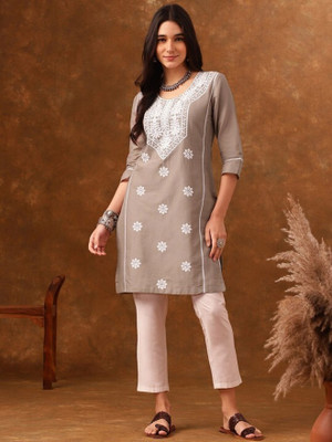 ANOUK Women Embroidered Straight Kurta(Grey)