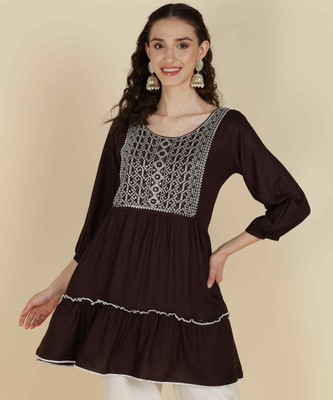 FELLORA Women Embroidered, Solid, Self Design A-line Kurta(Brown)