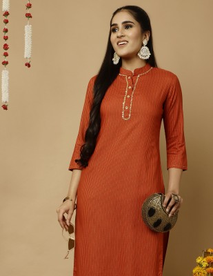 Jaipur Kurti Women Striped Straight Kurta(Orange)