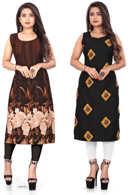 maruti fab Women Floral Print Straight Kurta(Brown, Red)