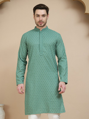 ANOUK Men Geometric Print Straight Kurta(Green)