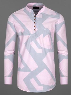 french crown Men Printed Straight Kurta(Pink)