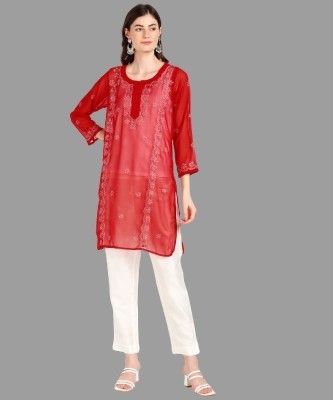 VAHSON Women Chikan Embroidery, Embroidered, Self Design Straight Kurta(Red)