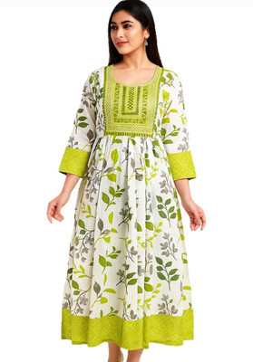 ALPINE STYLE Women Floral Print Anarkali Kurta(Light Green)