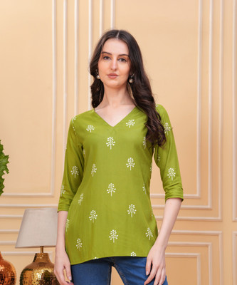 AGOKA Women Printed A-line Kurta(Green)