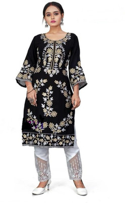 AMALAK Women Embroidered A-line Kurta(Black)