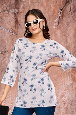 RUPPE Women Floral Print A-line Kurta(Blue, White)