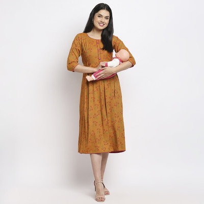 TRUE SHAPE Women Printed Flared Kurta(Yellow)