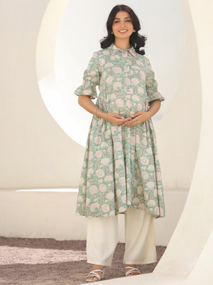 Janasya Women Floral Print A-line Kurta(Light Green)