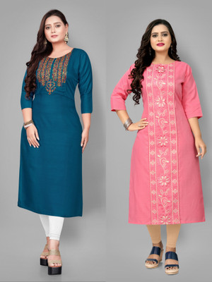Fabriza Women Embroidered A-line Kurta(Blue, Pink)