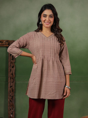 Span Women Printed Straight Kurta(Beige)