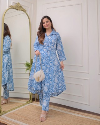 JALMALA Women Floral Print A-line Kurta(Light Blue)