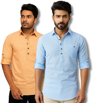 CROWNTAIL Men Solid Straight Kurta(Orange, Light Blue)