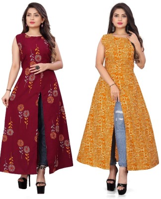 maruti fab Women Printed, Polka Print Frontslit Kurta(Orange)