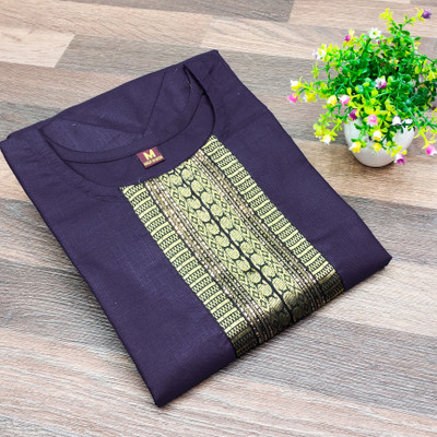 Retrox Women Applique, Solid, Paisley, Woven Design Straight Kurta(Dark Blue)