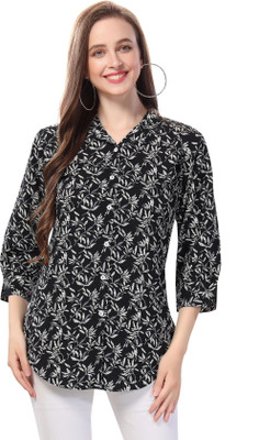 Anmi Beautiful Black Printed Polyester Crepe Short Tunic Top for Women Printed Women Straight Kurta(Black)