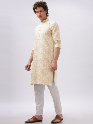 ANOUK Men Abstract Straight Kurta(Beige)