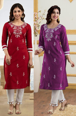 vikshi Women Chikan Embroidery Straight Kurta(Multicolor)