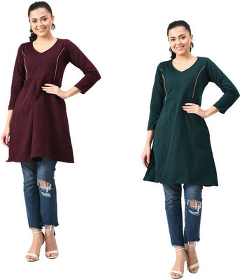 KAVYA Women Solid A-line Kurta(Dark Green, Maroon)