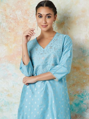 MELANGE Women Embroidered A-line Kurta(Blue)