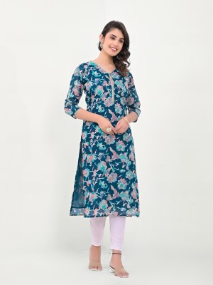 Label Khoj Women Printed Straight Kurta(Blue)