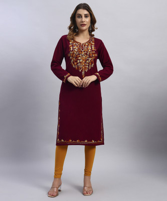 HEMLOCK Women Embroidered Straight Kurta(Maroon)