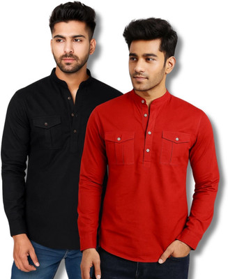 ModeNex Men Solid Straight Kurta(Black, Red)