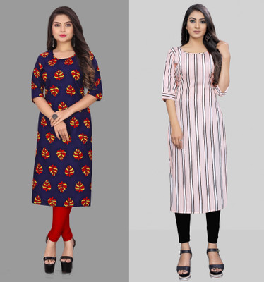 tanvi creation Women Printed Straight Kurta(Orange, Pink)