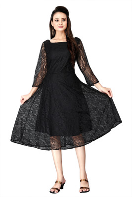 DHARAFASHION Women Self Design A-line Kurta(Black)